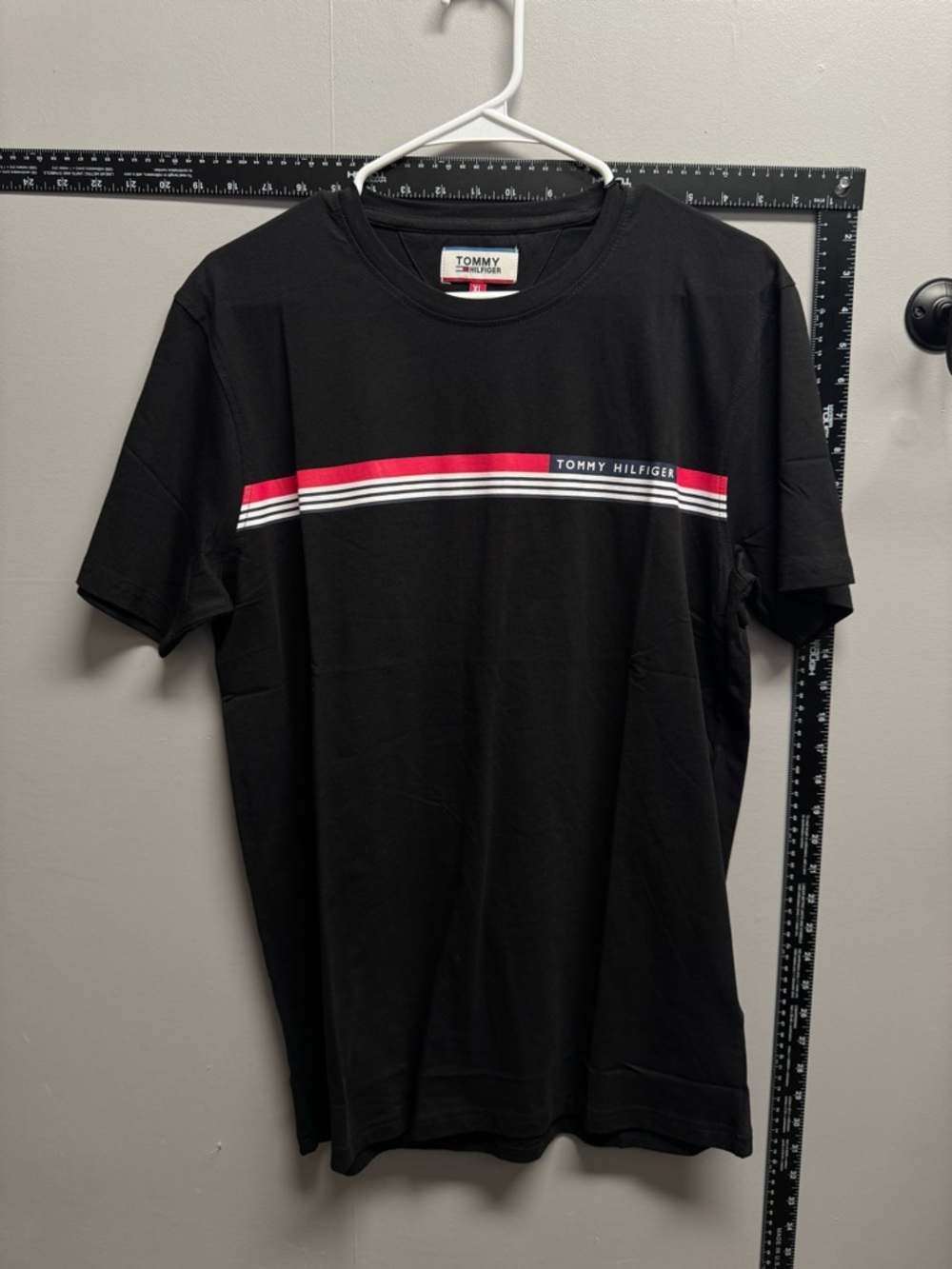 Tommy Hilfiger Black Tee with Red & White Chest Stripe